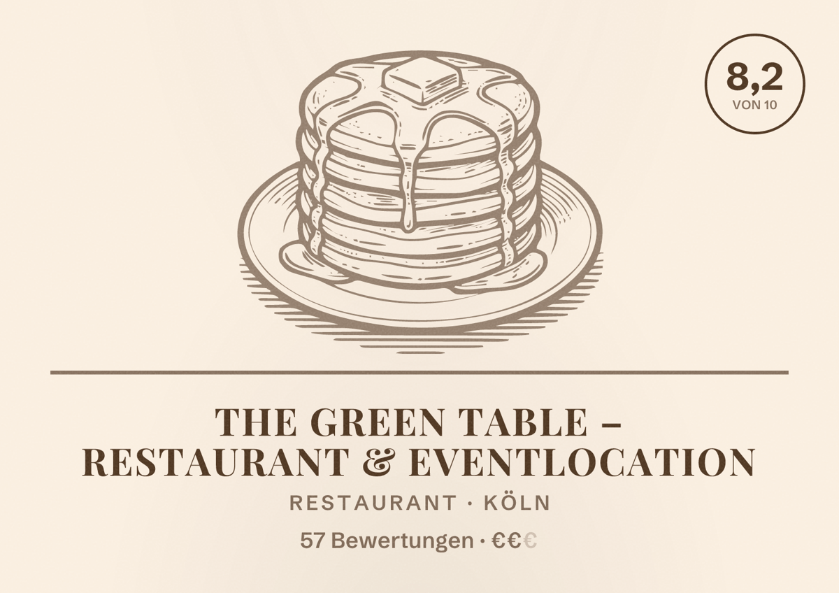 Illustriertes Poster von The Green Table – Restaurant & Eventlocation, Restaurant in Köln: Bewertung 8,2 von 10 aus 57 Bewertungen, Preisniveau €€