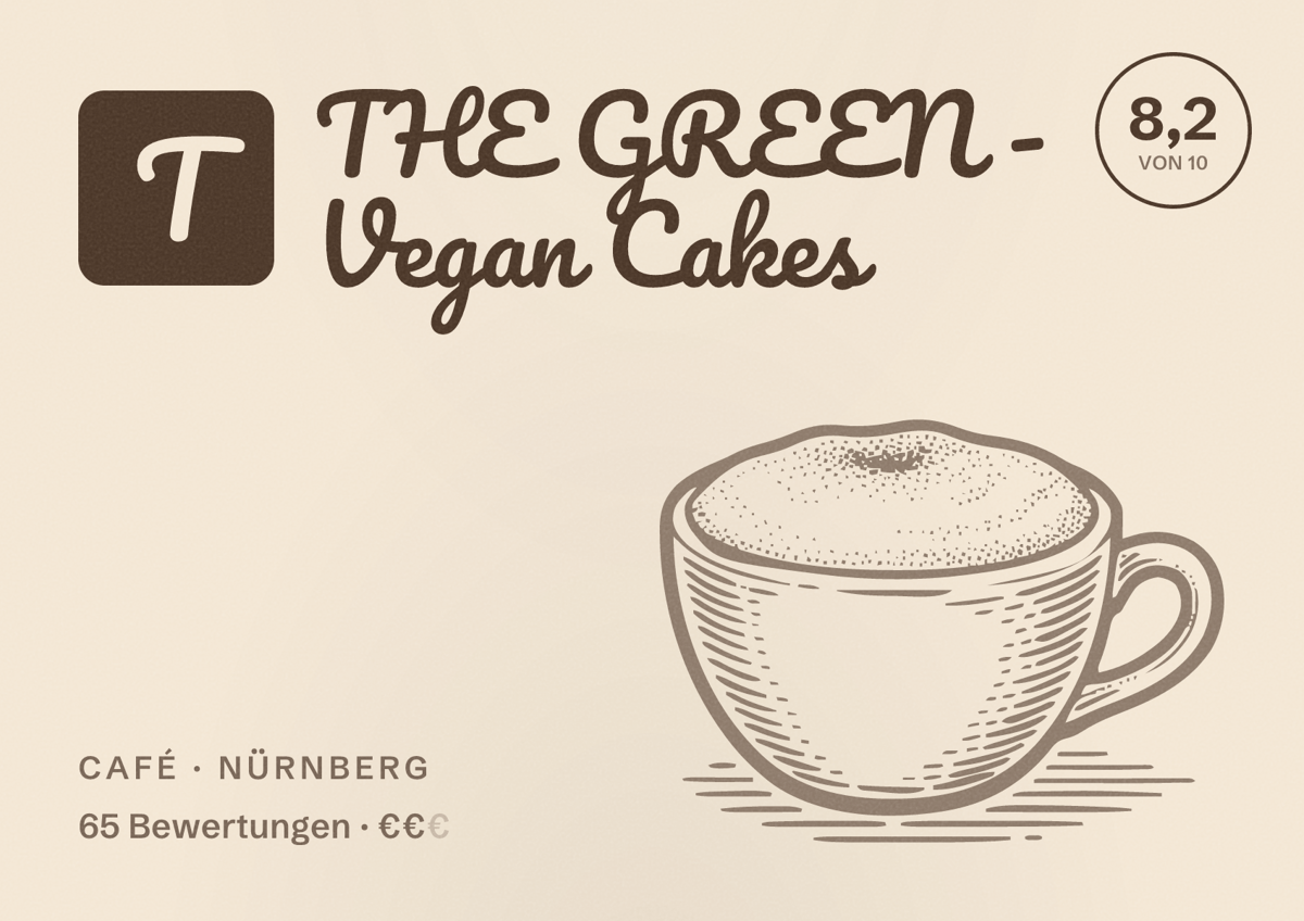 Illustriertes Poster von THE GREEN - Vegan Cakes, Café in Nürnberg: Bewertung 8,2 von 10 aus 65 Bewertungen, Preisniveau €€