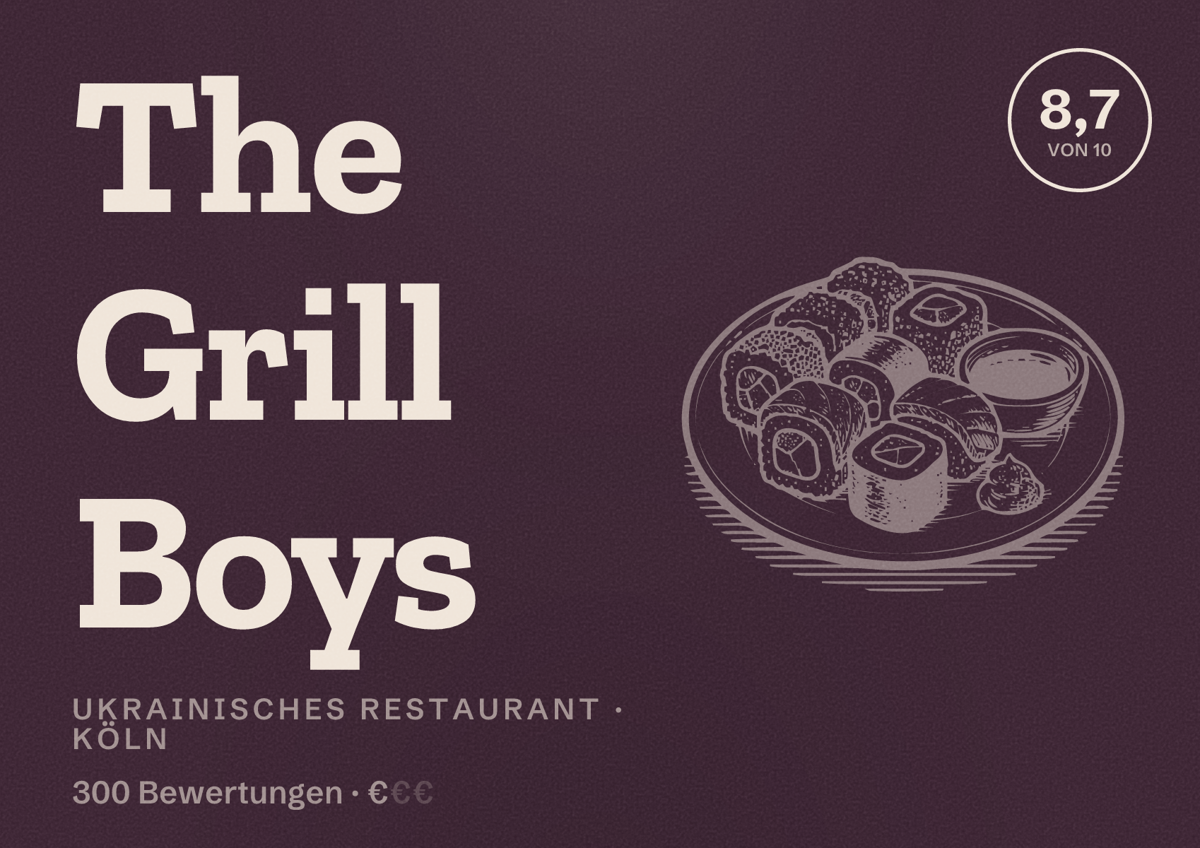 Illustriertes Poster von The Grill Boys, Ukrainisches Restaurant in Köln: Bewertung 8,7 von 10 aus 300 Bewertungen, Preisniveau €