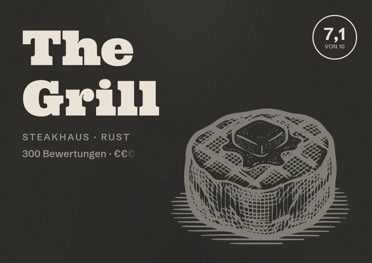 Illustriertes Poster von The Grill, Steakhaus in Rust: Bewertung 7,1 von 10 aus 300 Bewertungen, Preisniveau €€