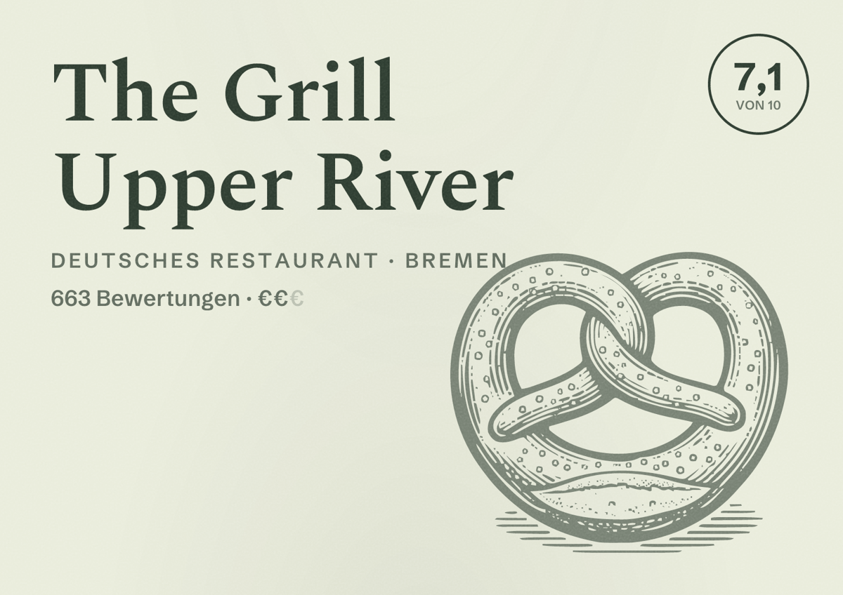 Illustriertes Poster von The Grill Upper River, Deutsches Restaurant in Bremen: Bewertung 7,1 von 10 aus 663 Bewertungen, Preisniveau €€
