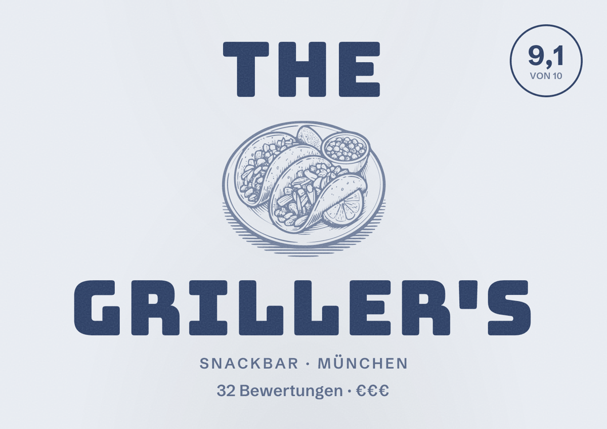 Illustriertes Poster von The Griller's, Snackbar in München: Bewertung 9,1 von 10 aus 32 Bewertungen, Preisniveau €€€