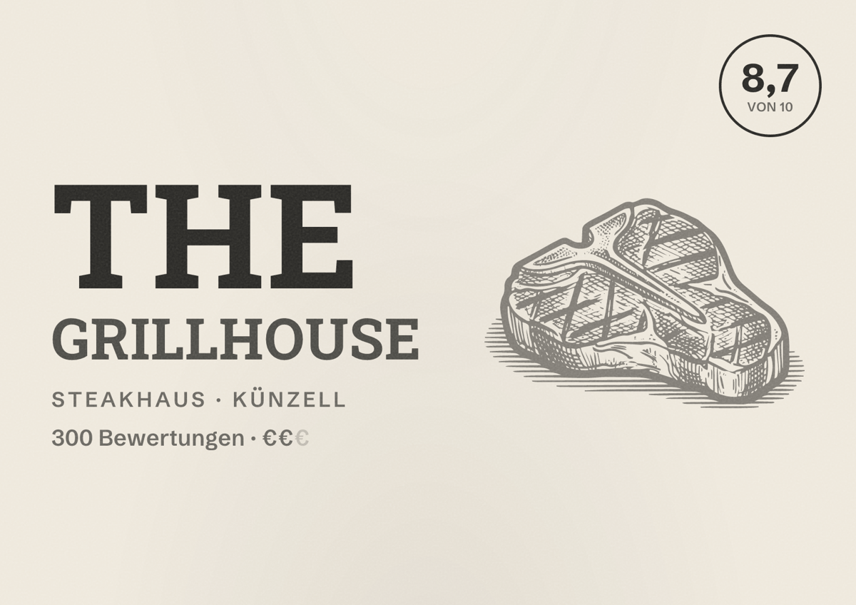 Illustriertes Poster von The Grillhouse, Steakhaus in Künzell: Bewertung 8,7 von 10 aus 300 Bewertungen, Preisniveau €€