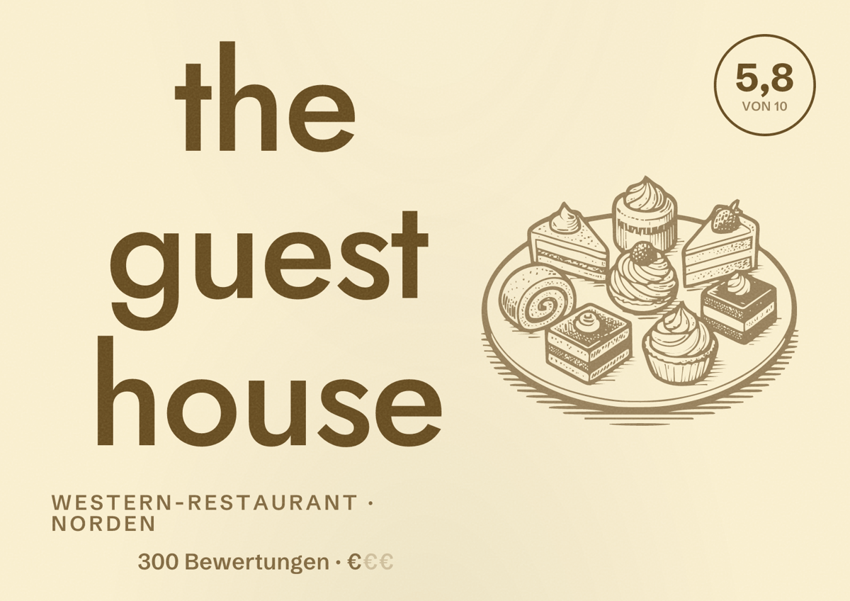 Illustriertes Poster von the guest house, Western-Restaurant in Norden: Bewertung 5,8 von 10 aus 300 Bewertungen, Preisniveau €