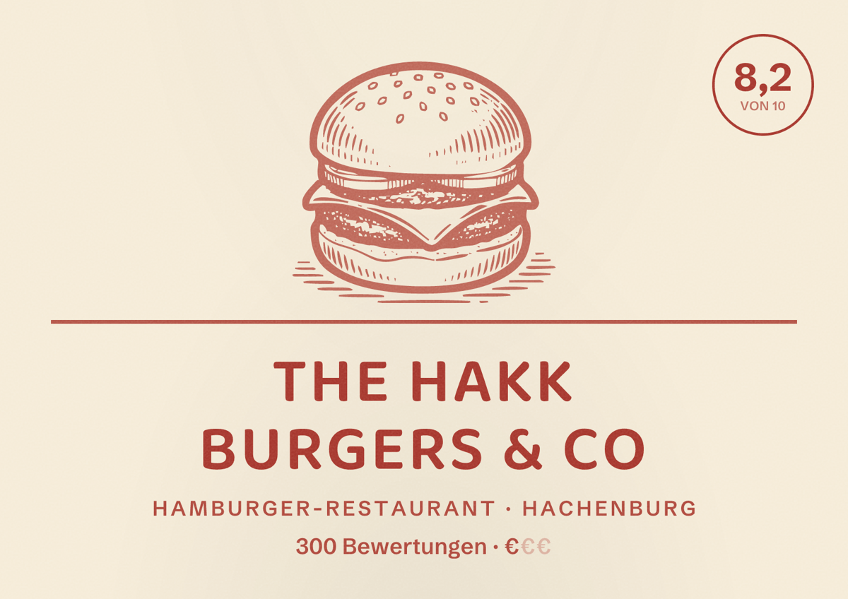 Illustriertes Poster von the HAKK burgers & co, Hamburger-Restaurant in Hachenburg: Bewertung 8,2 von 10 aus 300 Bewertungen, Preisniveau €