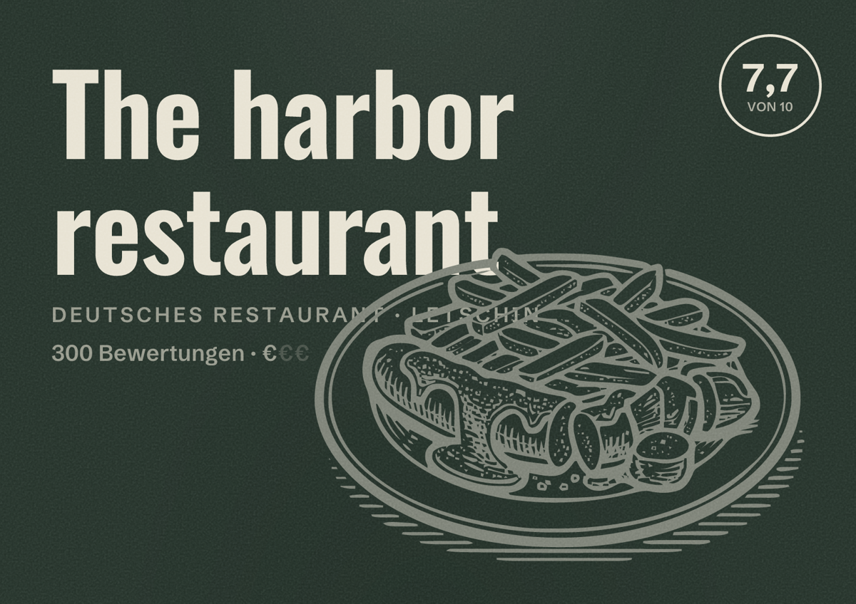 Illustriertes Poster von The harbor restaurant, Deutsches Restaurant in Letschin: Bewertung 7,7 von 10 aus 300 Bewertungen, Preisniveau €