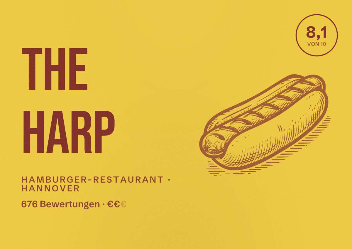 Illustriertes Poster von The Harp, Hamburger-Restaurant in Hannover: Bewertung 8,1 von 10 aus 676 Bewertungen, Preisniveau €€