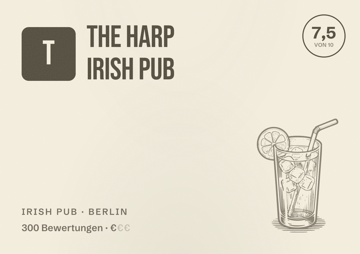 Illustriertes Poster von The Harp Irish Pub, Irish Pub in Berlin: Bewertung 7,5 von 10 aus 300 Bewertungen, Preisniveau €