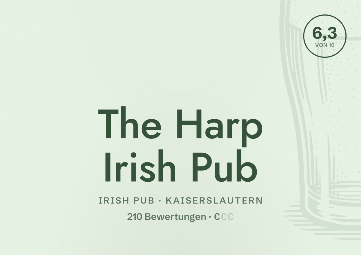 Illustriertes Poster von The Harp Irish Pub, Irish Pub in Kaiserslautern: Bewertung 6,3 von 10 aus 210 Bewertungen, Preisniveau €