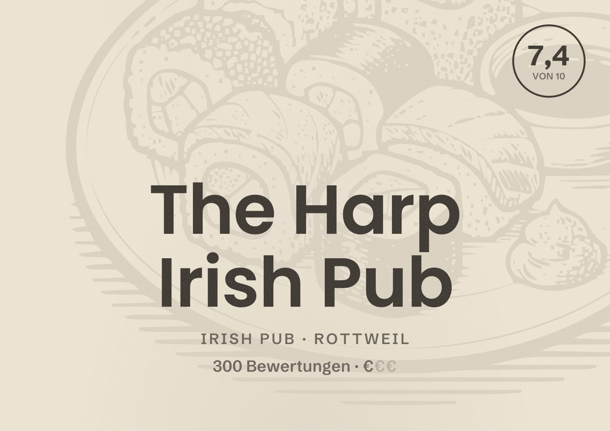 Illustriertes Poster von The Harp Irish Pub, Irish Pub in Rottweil: Bewertung 7,4 von 10 aus 300 Bewertungen, Preisniveau €