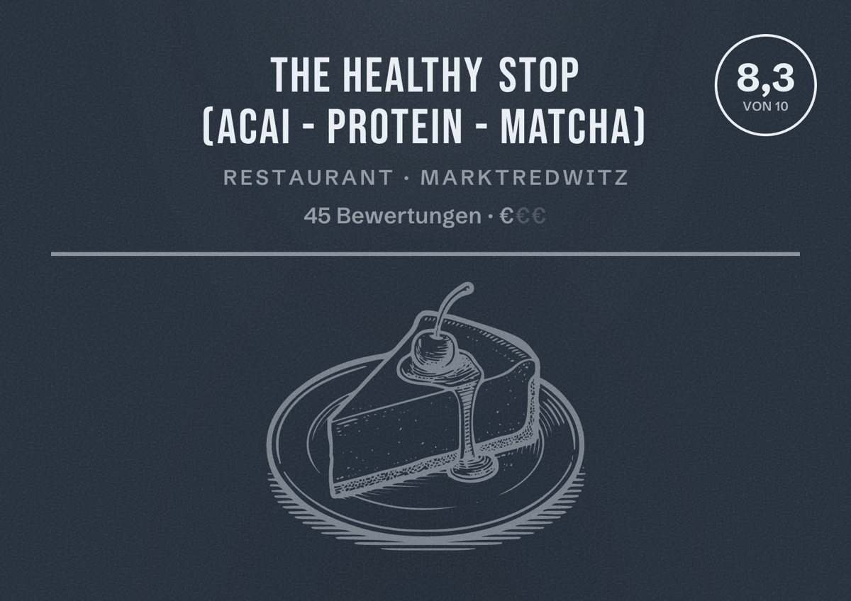 Illustriertes Poster von The Healthy Stop (acai - protein - matcha), Restaurant in Marktredwitz: Bewertung 8,3 von 10 aus 45 Bewertungen, Preisniveau €