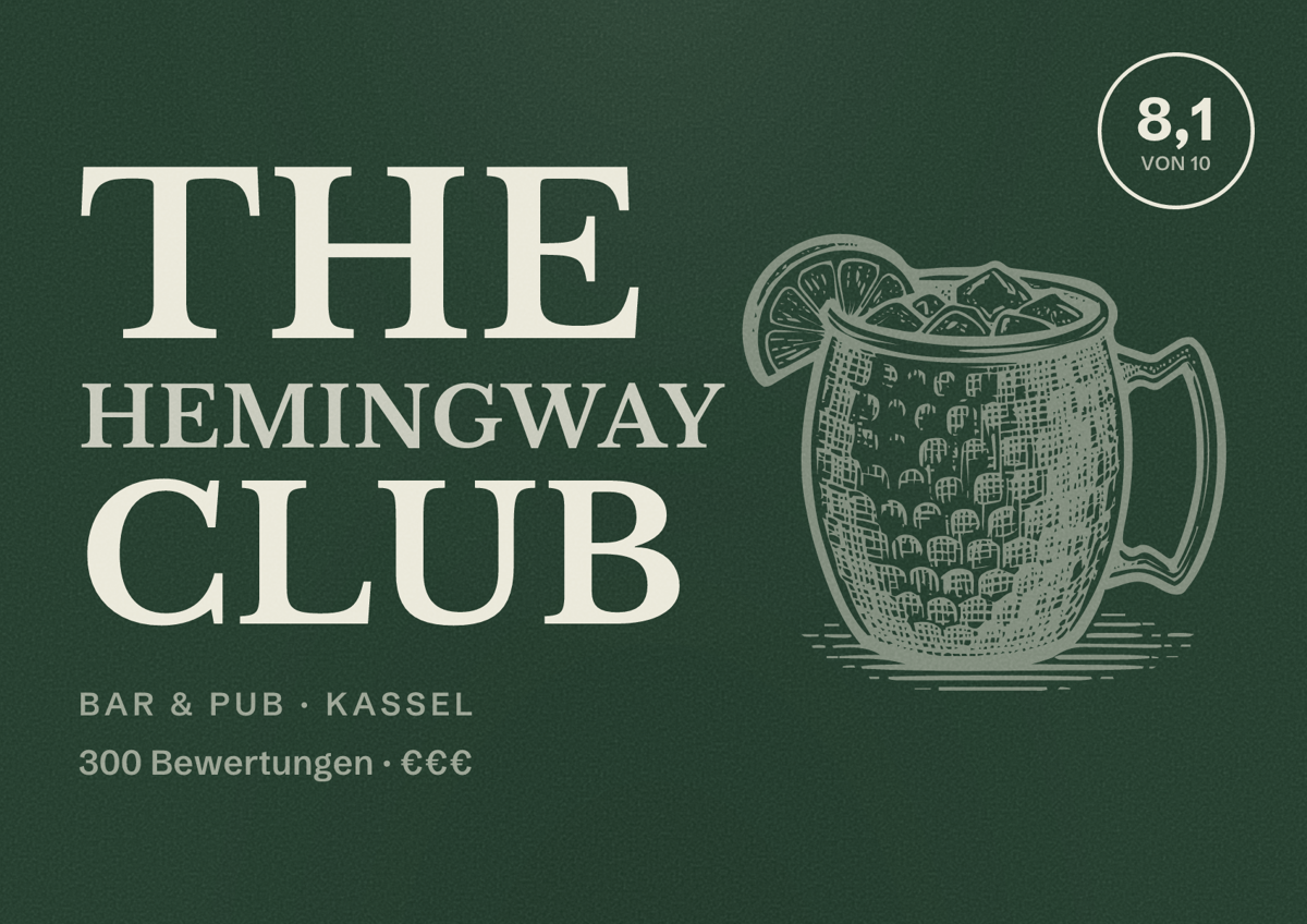 Illustriertes Poster von The Hemingway Club, Bar & Pub in Kassel: Bewertung 8,1 von 10 aus 300 Bewertungen, Preisniveau €€€