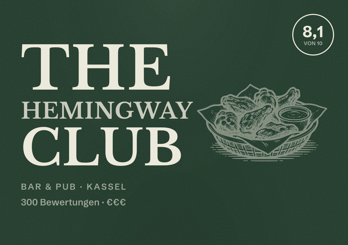 Illustriertes Poster von The Hemingway Club, Bar & Pub in Kassel: Bewertung 8,1 von 10 aus 300 Bewertungen, Preisniveau €€€