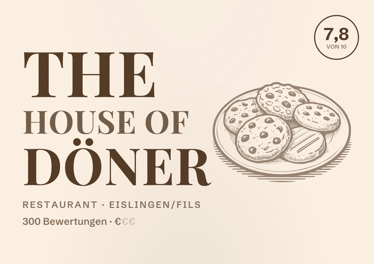Illustriertes Poster von The House of Döner, Restaurant in Eislingen/Fils: Bewertung 7,8 von 10 aus 300 Bewertungen, Preisniveau €