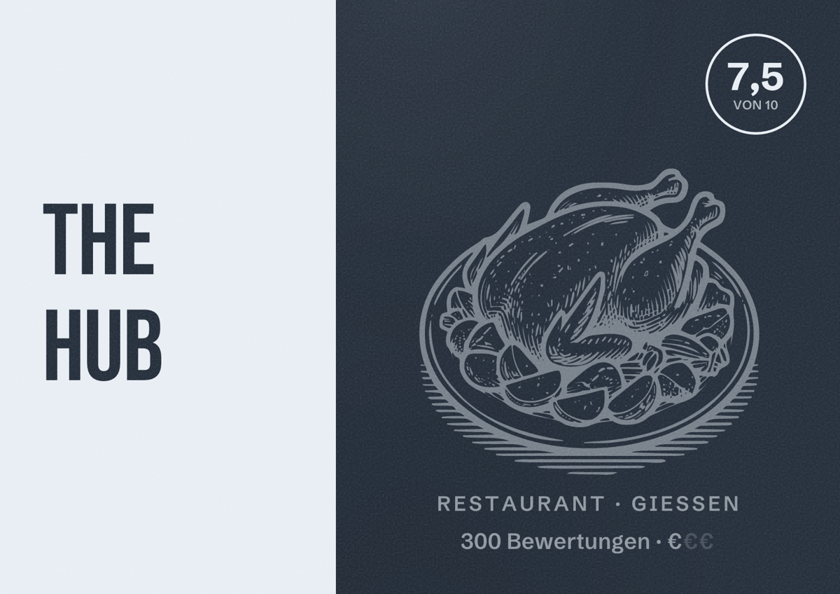Illustriertes Poster von The Hub, Restaurant in Gießen: Bewertung 7,5 von 10 aus 300 Bewertungen, Preisniveau €