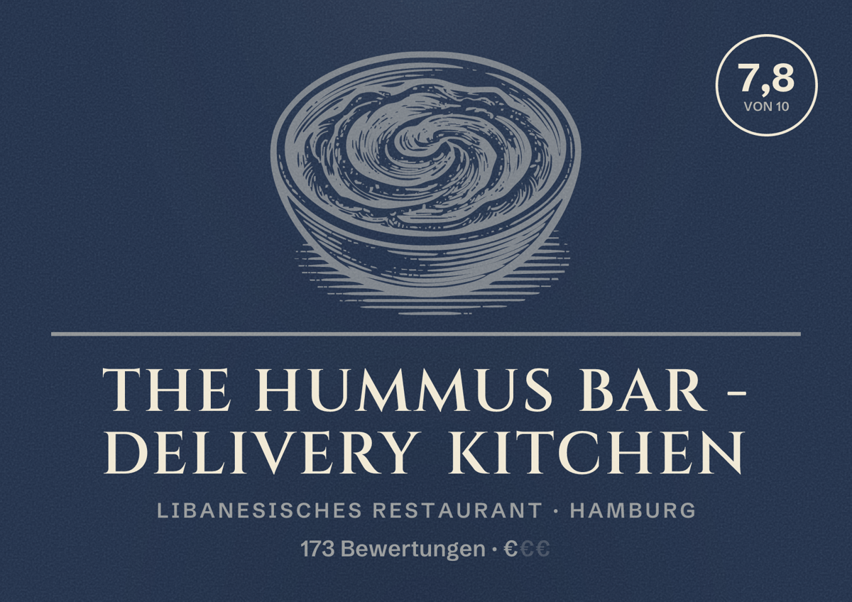 Illustriertes Poster von The Hummus Bar - Delivery Kitchen, Libanesisches Restaurant in Hamburg: Bewertung 7,8 von 10 aus 173 Bewertungen, Preisniveau €