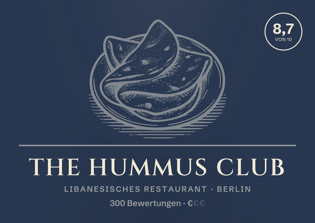 Illustriertes Poster von The Hummus Club, Libanesisches Restaurant in Berlin: Bewertung 8,7 von 10 aus 300 Bewertungen, Preisniveau €