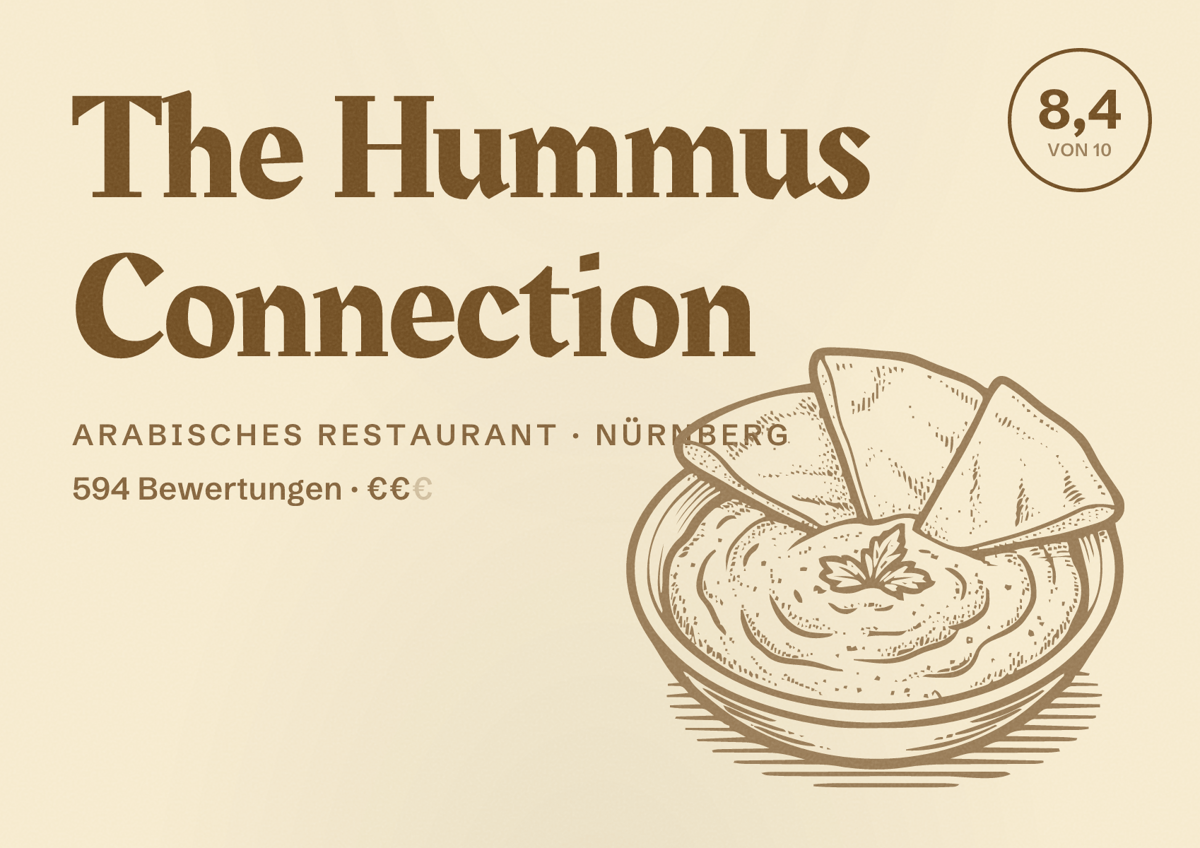 Illustriertes Poster von The Hummus Connection, Arabisches Restaurant in Nürnberg: Bewertung 8,4 von 10 aus 594 Bewertungen, Preisniveau €€