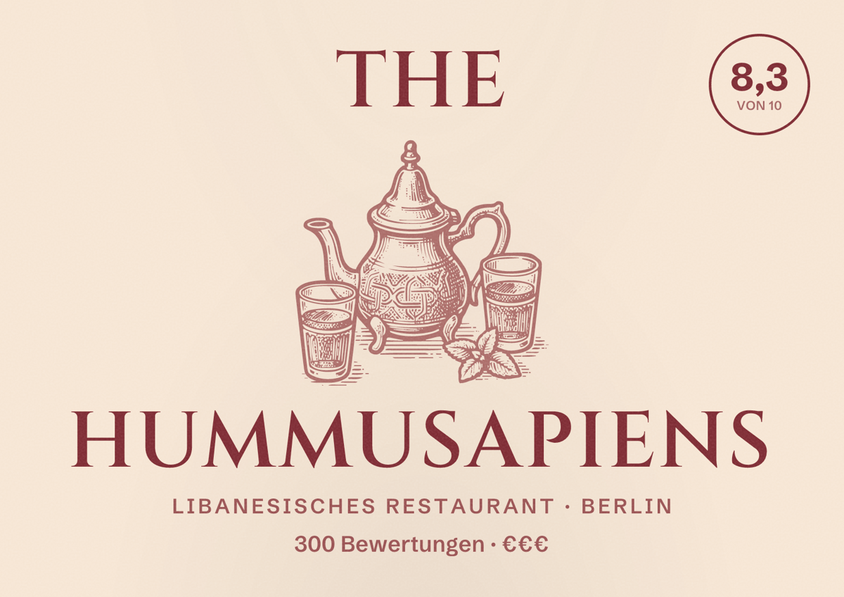 Illustriertes Poster von The Hummusapiens, Libanesisches Restaurant in Berlin: Bewertung 8,3 von 10 aus 300 Bewertungen, Preisniveau €€€
