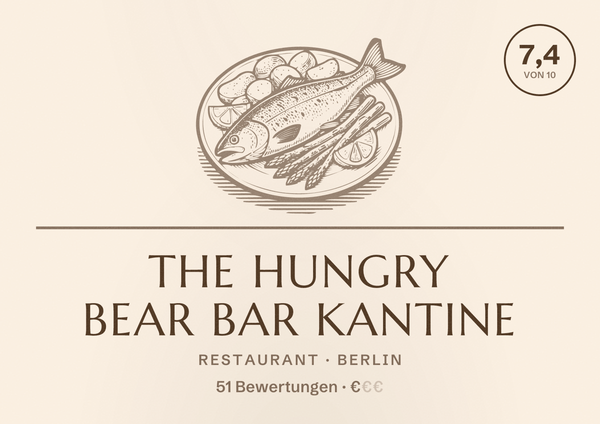 Illustriertes Poster von The Hungry Bear Bar Kantine, Restaurant in Berlin: Bewertung 7,4 von 10 aus 51 Bewertungen, Preisniveau €