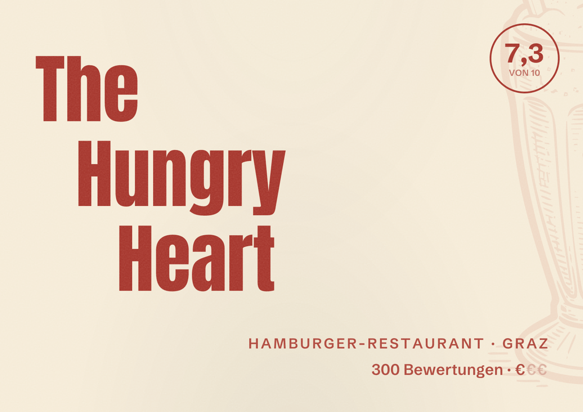 Illustriertes Poster von The Hungry Heart, Hamburger-Restaurant in Graz: Bewertung 7,3 von 10 aus 300 Bewertungen, Preisniveau €