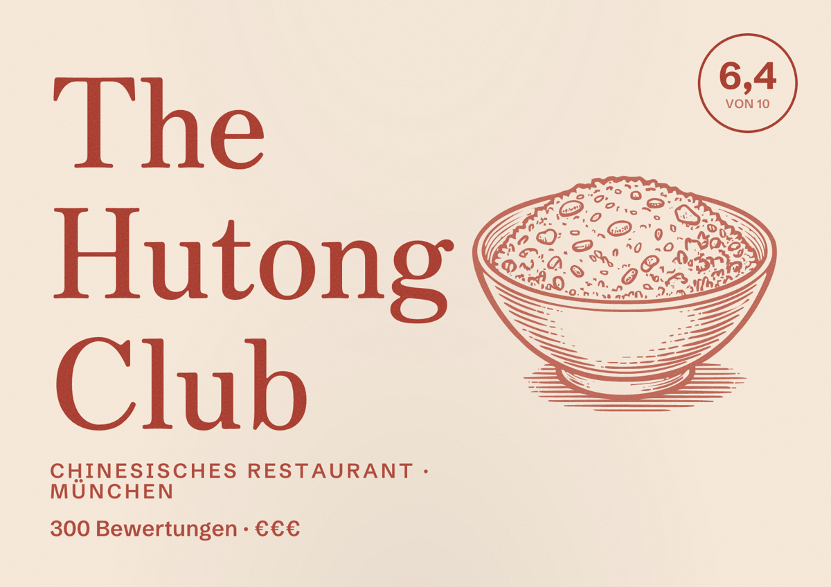 Illustriertes Poster von The Hutong Club, Chinesisches Restaurant in München: Bewertung 6,4 von 10 aus 300 Bewertungen, Preisniveau €€€