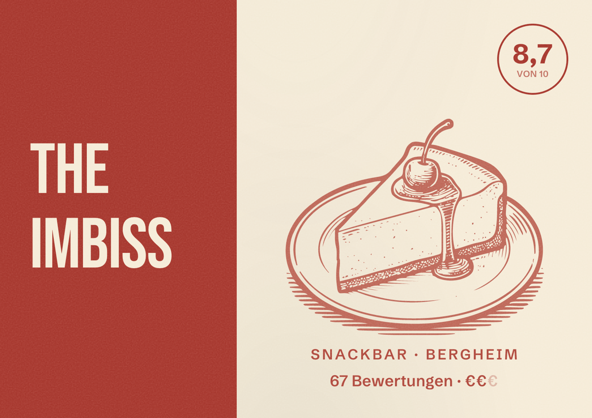 Illustriertes Poster von The Imbiss, Snackbar in Bergheim: Bewertung 8,7 von 10 aus 67 Bewertungen, Preisniveau €€