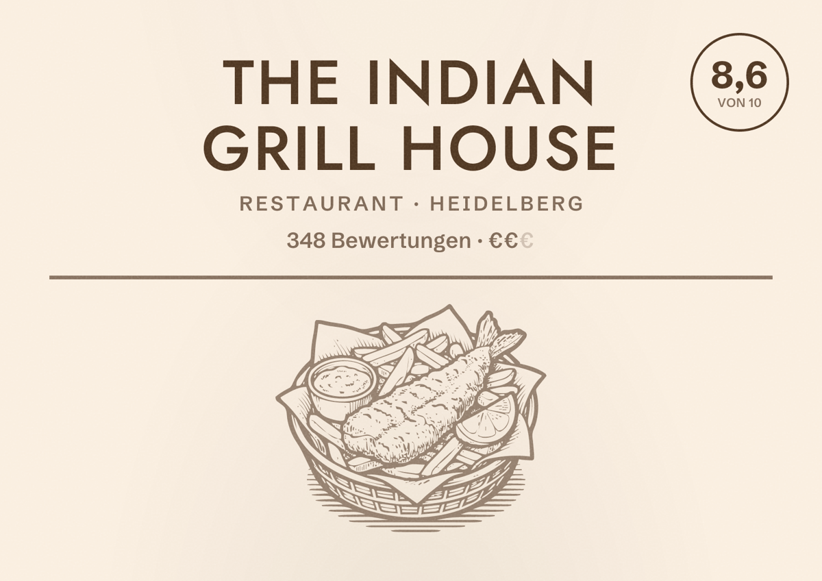 Illustriertes Poster von The Indian Grill House, Restaurant in Heidelberg: Bewertung 8,6 von 10 aus 348 Bewertungen, Preisniveau €€