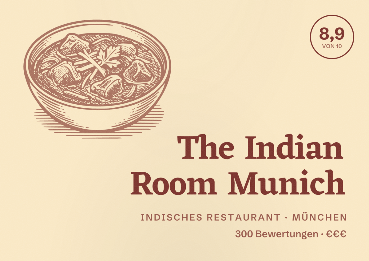 Illustriertes Poster von The Indian Room Munich, Indisches Restaurant in München: Bewertung 8,9 von 10 aus 300 Bewertungen, Preisniveau €€€