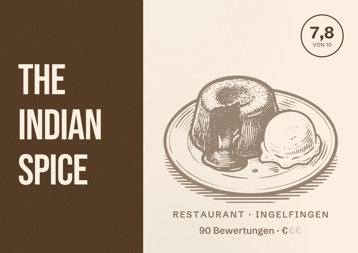 Illustriertes Poster von The Indian Spice, Restaurant in Ingelfingen: Bewertung 7,8 von 10 aus 90 Bewertungen, Preisniveau €