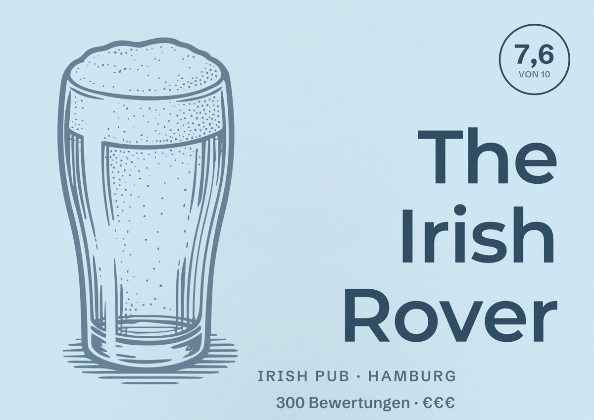 Illustriertes Poster von The Irish Rover, Irish Pub in Hamburg: Bewertung 7,6 von 10 aus 300 Bewertungen, Preisniveau €€€