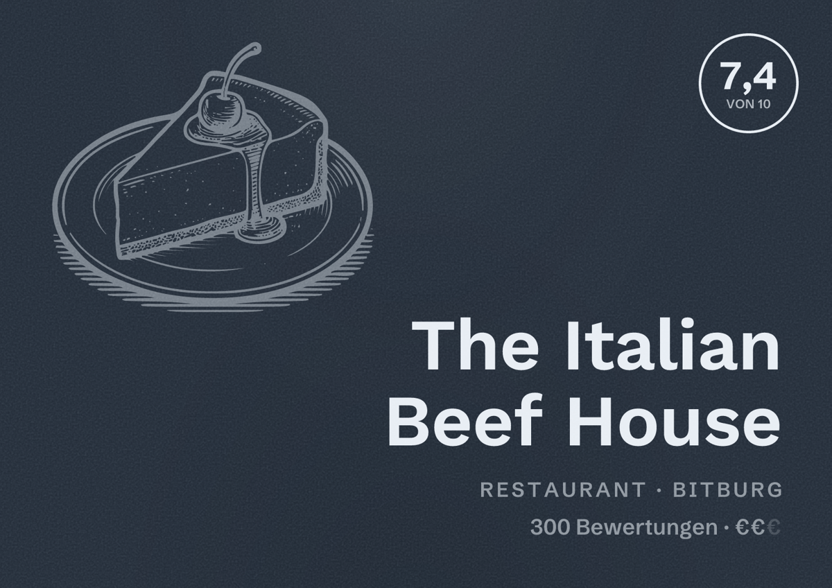 Illustriertes Poster von The Italian Beef House, Restaurant in Bitburg: Bewertung 7,4 von 10 aus 300 Bewertungen, Preisniveau €€