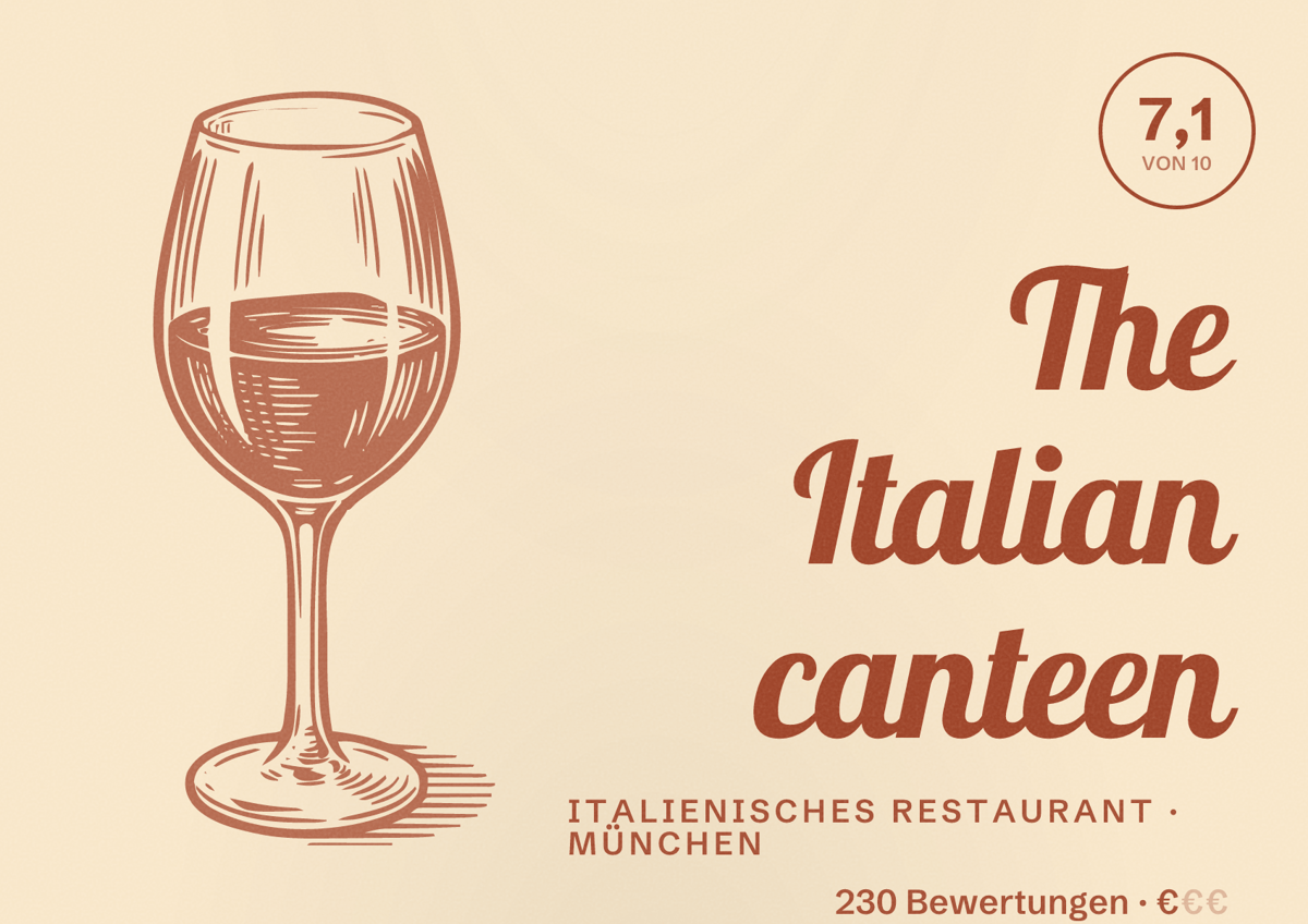 Illustriertes Poster von The Italian canteen, Italienisches Restaurant in München: Bewertung 7,1 von 10 aus 230 Bewertungen, Preisniveau €