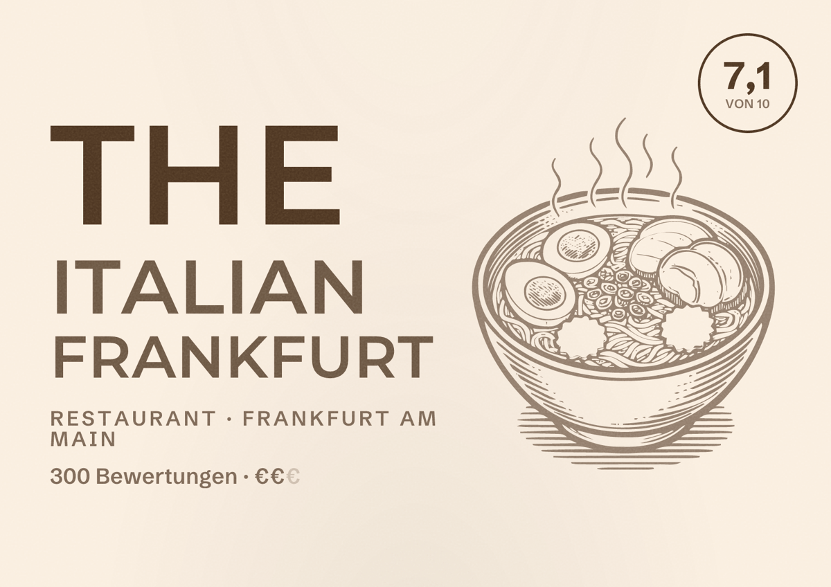 Illustriertes Poster von the italian Frankfurt, Restaurant in Frankfurt am Main: Bewertung 7,1 von 10 aus 300 Bewertungen, Preisniveau €€