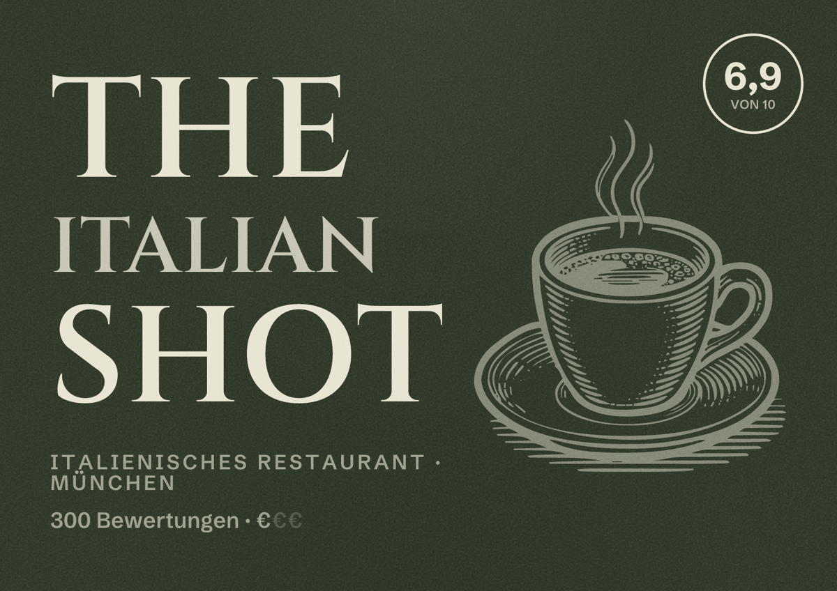 Illustriertes Poster von The Italian Shot, Italienisches Restaurant in München: Bewertung 6,9 von 10 aus 300 Bewertungen, Preisniveau €