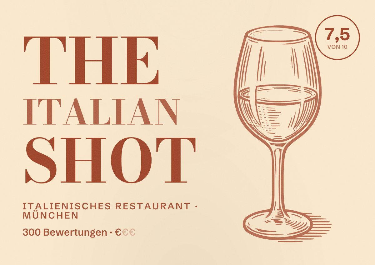 Illustriertes Poster von The Italian Shot, Italienisches Restaurant in München: Bewertung 7,5 von 10 aus 300 Bewertungen, Preisniveau €