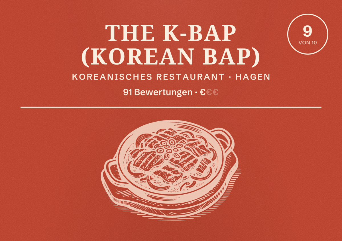 Illustriertes Poster von The K-Bap (Korean Bap), Koreanisches Restaurant in Hagen: Bewertung 9 von 10 aus 91 Bewertungen, Preisniveau €