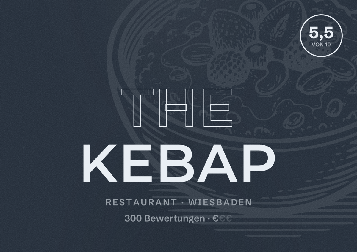 Illustriertes Poster von THE KEBAP, Restaurant in Wiesbaden: Bewertung 5,5 von 10 aus 300 Bewertungen, Preisniveau €