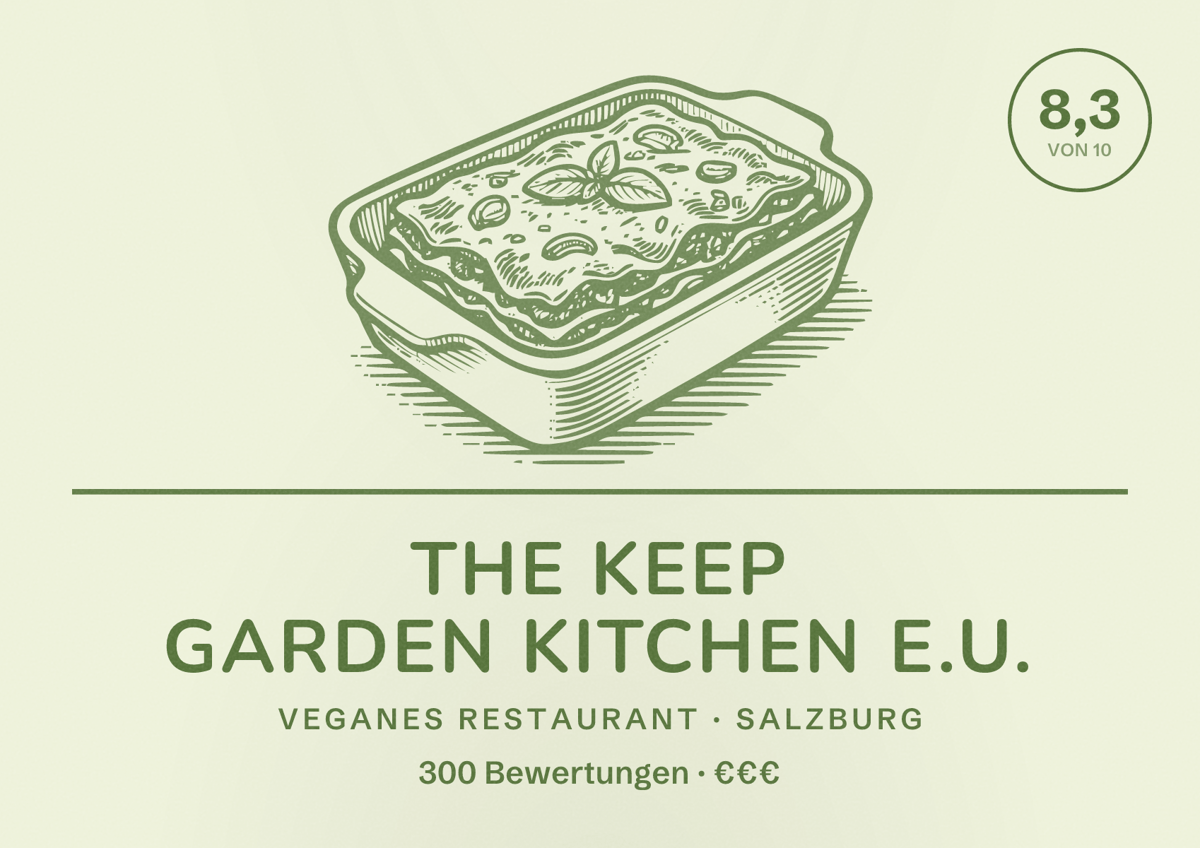 Illustriertes Poster von The keep garden kitchen e.U., Veganes Restaurant in Salzburg: Bewertung 8,3 von 10 aus 300 Bewertungen, Preisniveau €€€
