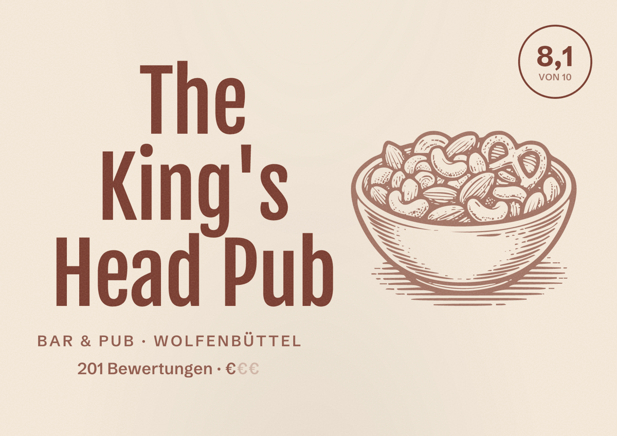 Illustriertes Poster von The King's Head Pub, Bar & Pub in Wolfenbüttel: Bewertung 8,1 von 10 aus 201 Bewertungen, Preisniveau €