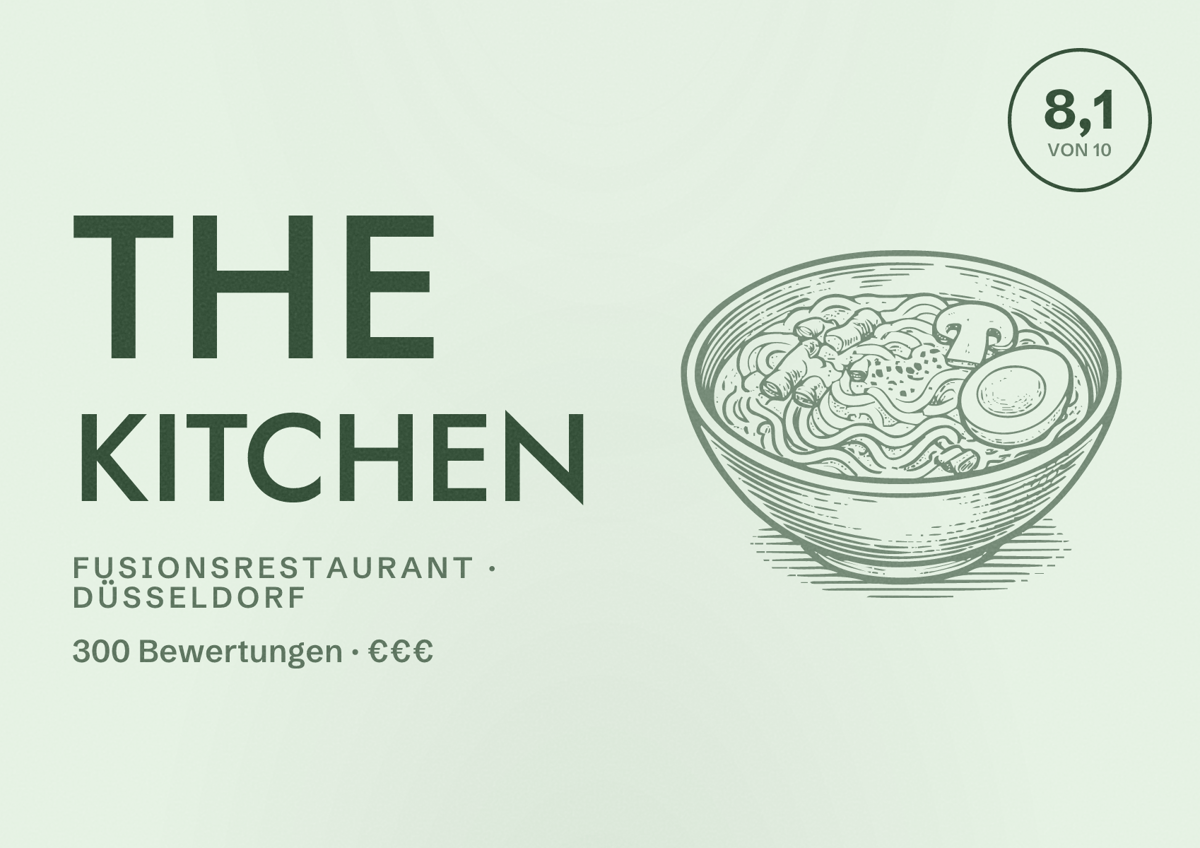 Illustriertes Poster von The Kitchen, Fusionsrestaurant in Düsseldorf: Bewertung 8,1 von 10 aus 300 Bewertungen, Preisniveau €€€
