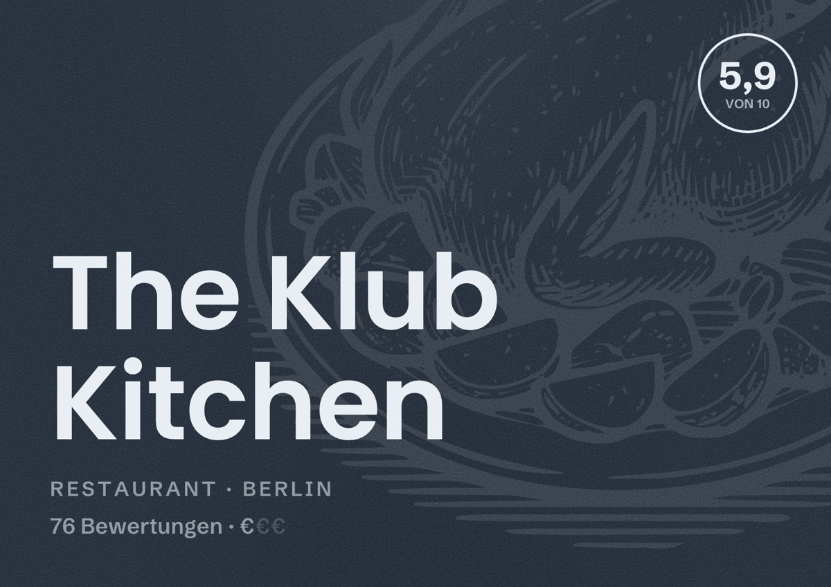 Illustriertes Poster von The Klub Kitchen, Restaurant in Berlin: Bewertung 5,9 von 10 aus 76 Bewertungen, Preisniveau €