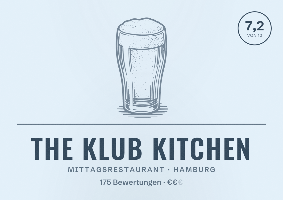 Illustriertes Poster von The Klub Kitchen, Mittagsrestaurant in Hamburg: Bewertung 7,2 von 10 aus 175 Bewertungen, Preisniveau €€