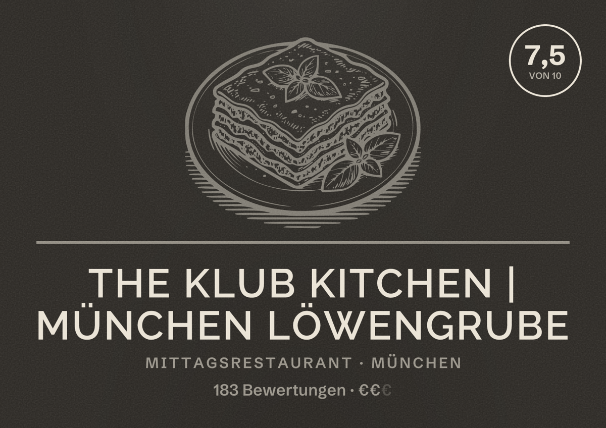 Illustriertes Poster von The Klub Kitchen | München Löwengrube, Mittagsrestaurant in München: Bewertung 7,5 von 10 aus 183 Bewertungen, Preisniveau €€