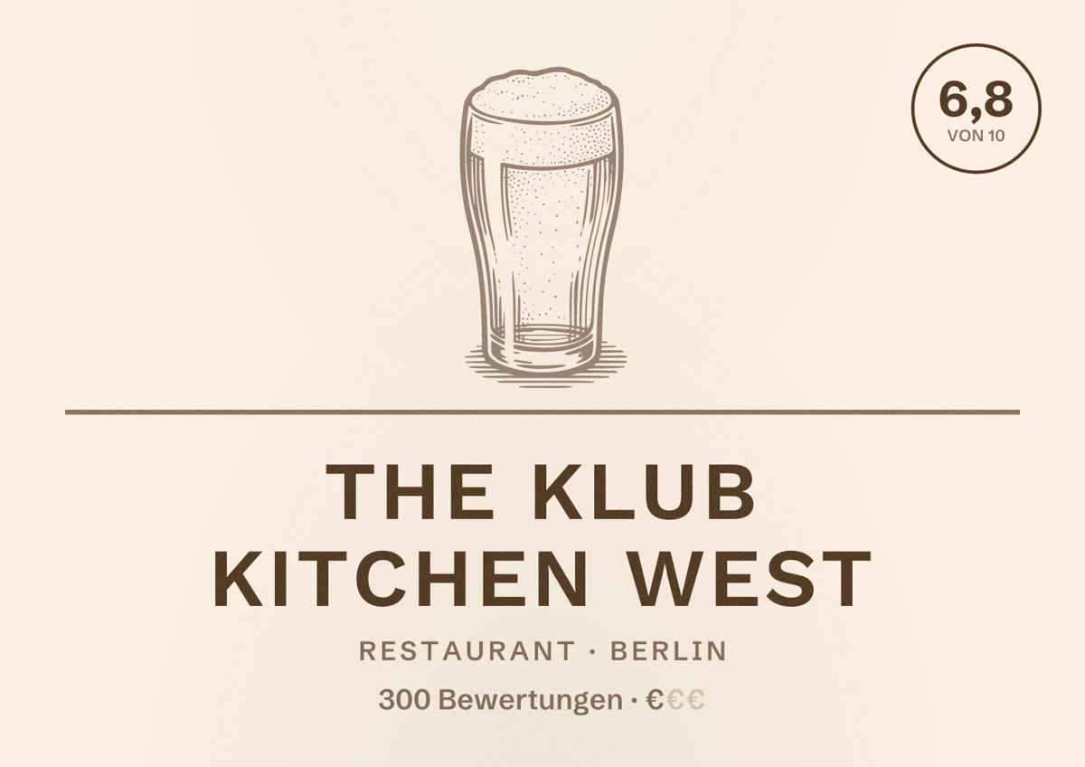 Illustriertes Poster von The Klub Kitchen West, Restaurant in Berlin: Bewertung 6,8 von 10 aus 300 Bewertungen, Preisniveau €