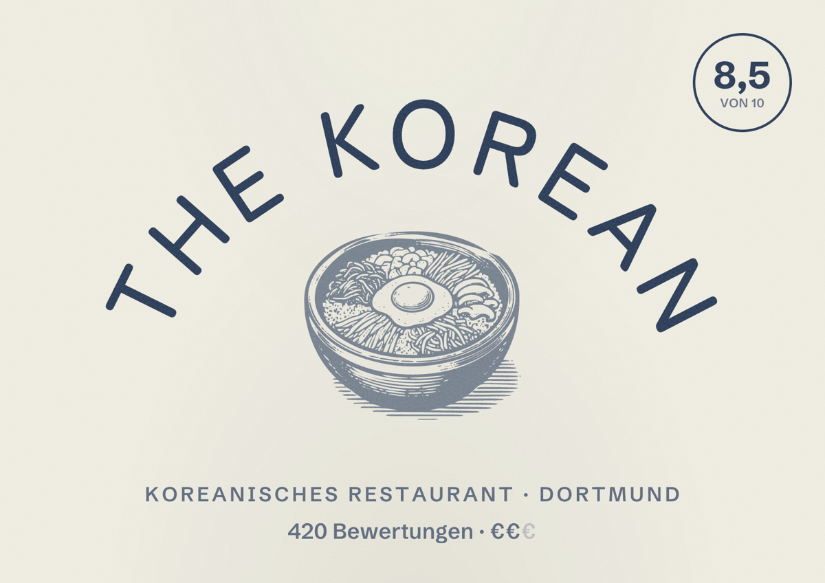 Illustriertes Poster von the Korean, Koreanisches Restaurant in Dortmund: Bewertung 8,5 von 10 aus 420 Bewertungen, Preisniveau €€