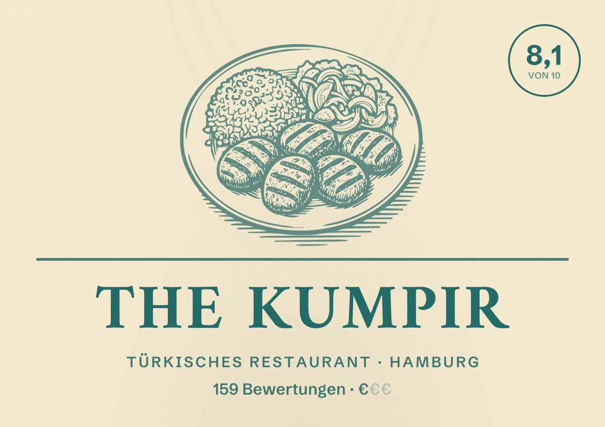 Illustriertes Poster von THE KUMPIR, Türkisches Restaurant in Hamburg: Bewertung 8,1 von 10 aus 159 Bewertungen, Preisniveau €