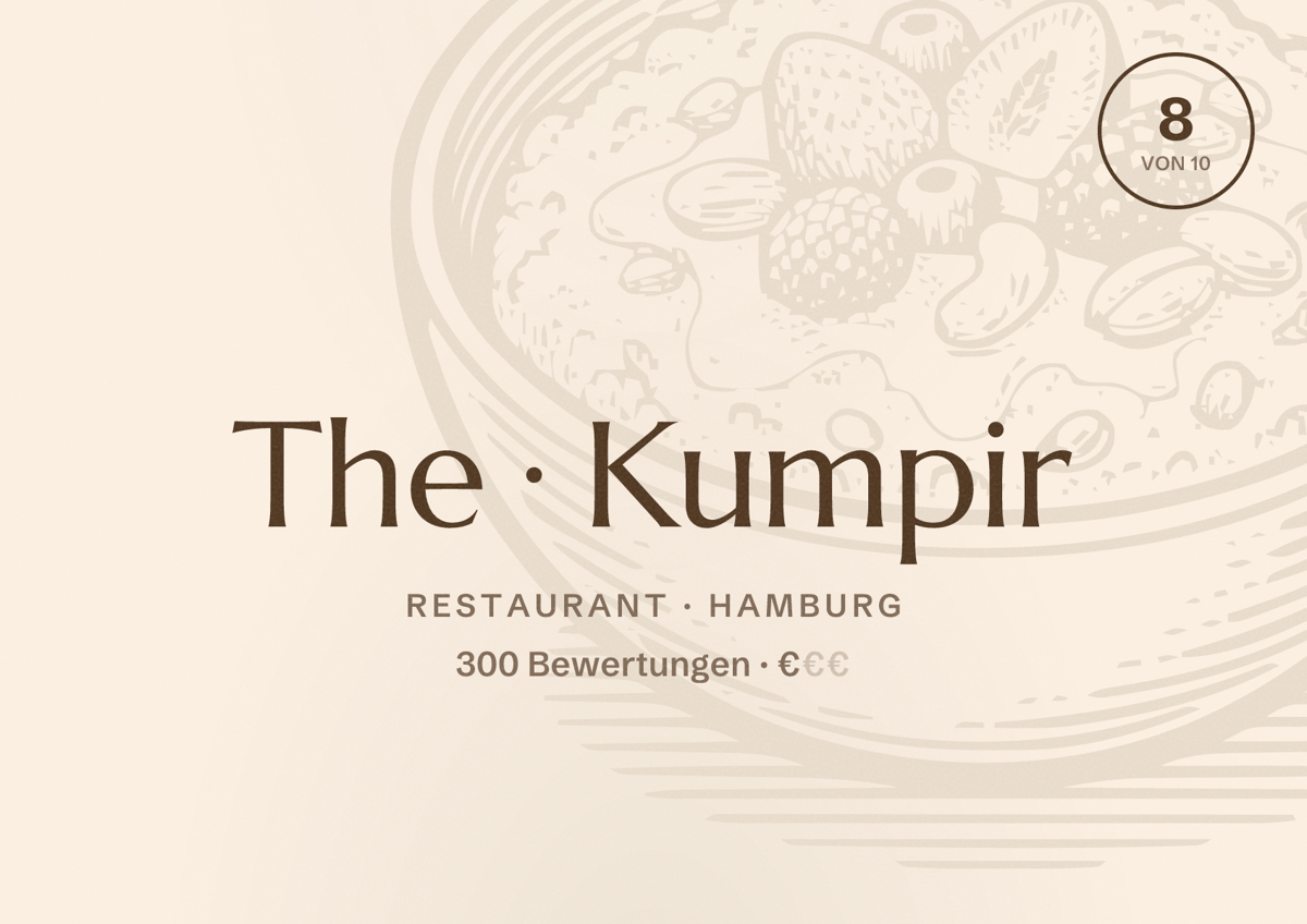 Illustriertes Poster von The Kumpir, Restaurant in Hamburg: Bewertung 8,0 von 10 aus 300 Bewertungen, Preisniveau €