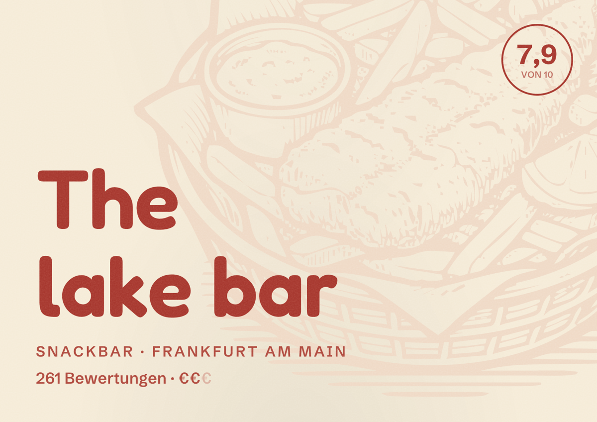 Illustriertes Poster von The lake bar, Snackbar in Frankfurt am Main: Bewertung 7,9 von 10 aus 261 Bewertungen, Preisniveau €€