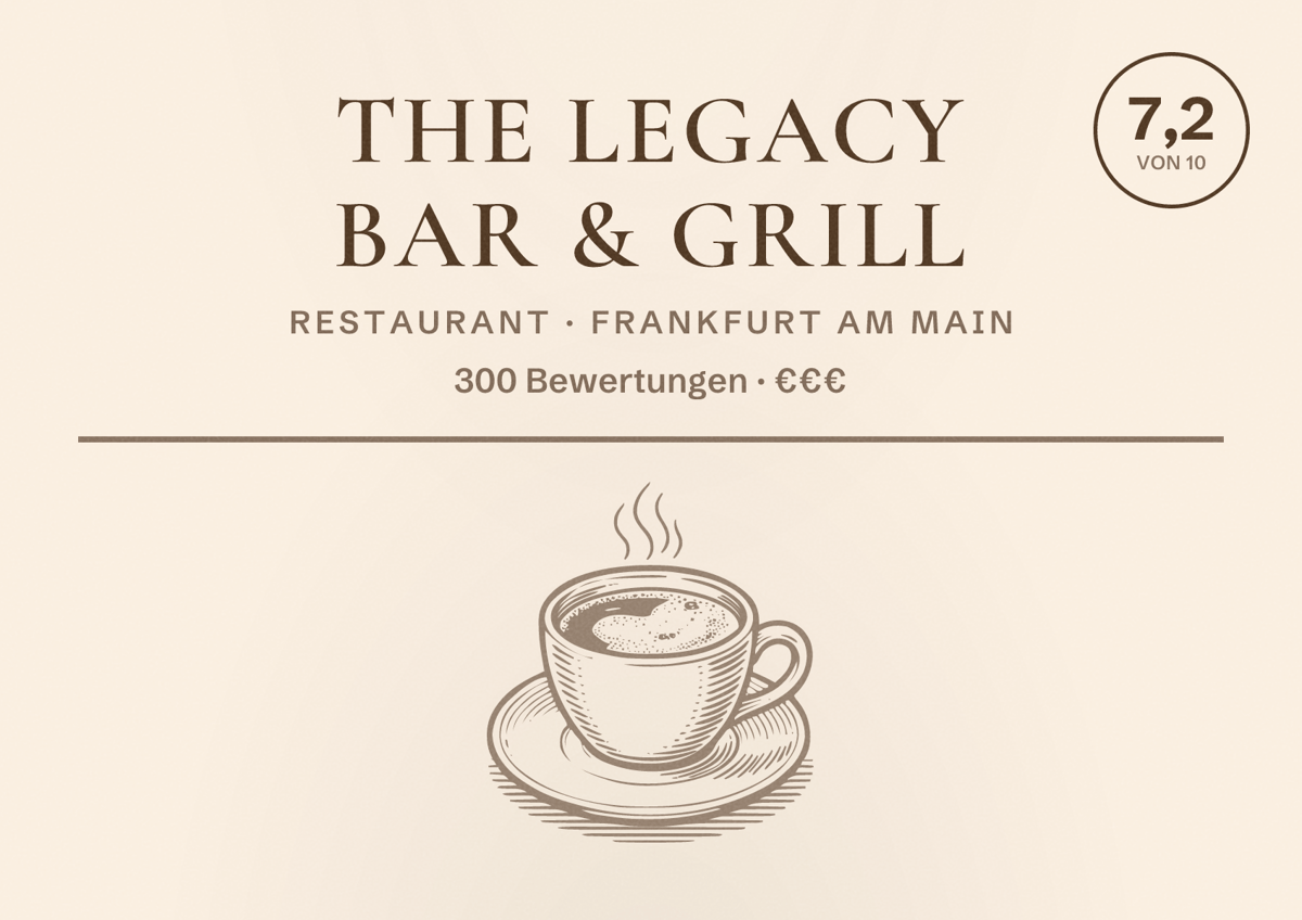 Illustriertes Poster von The Legacy Bar & Grill, Restaurant in Frankfurt am Main: Bewertung 7,2 von 10 aus 300 Bewertungen, Preisniveau €€€